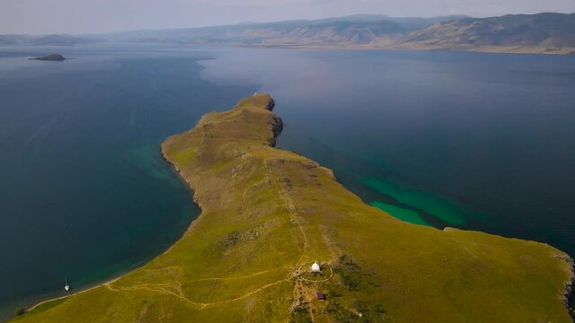 Ogoy Island with the Stupa of Great Enlightenment. A trip to Lake Baikal.