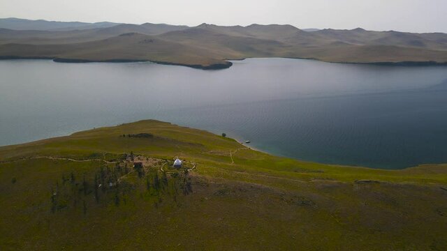 Ogoy Island with the Stupa of Great Enlightenment. A trip to Lake Baikal.