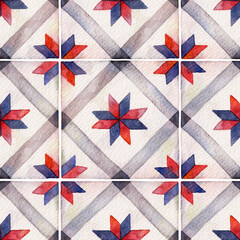 Watercolor seamless ceramic tiles pattern. Square vintage hand-drawn ornament.
