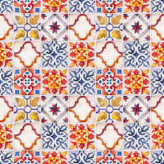 Watercolor seamless ceramic tiles pattern. Square vintage hand-drawn ornament.