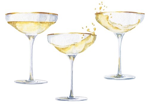 Watercolour glasses of champagne on white background. Watercolor food illustration.