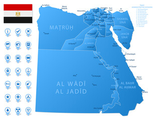 Blue map of Egypt administrative divisions with travel infographic icons.