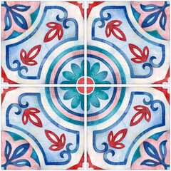 Watercolor seamless ceramic tiles pattern. Square vintage hand-drawn ornament.