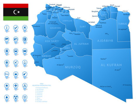 Blue map of Libya administrative divisions with travel infographic icons.