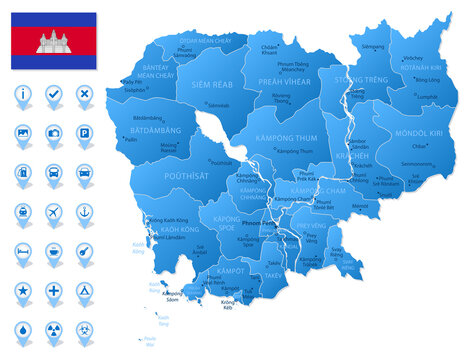 Blue map of Cambodia administrative divisions with travel infographic icons.