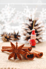 Christmas decorations with Chinese star anise, badian and cinnamon stick