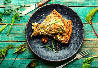 Open pie with herbs and green peas