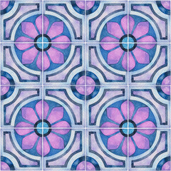 Watercolor seamless ceramic tiles pattern. Square vintage hand-drawn ornament.