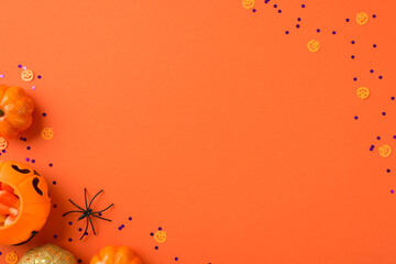 Top view photo of halloween decorations pumpkin basket with candy corn spider orange and golden small pumpkins silhouettes and violet confetti on isolated orange background with copyspace