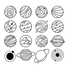 Set of planets flat icons. Logo, pictogram, sign, symbol of space. Universe, galaxy concept. Vector hand drawn stock illustration. Outline