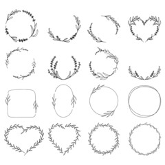 Set floral frames, laurel wreaths, leaf borders, lavender. Botanical vector for your design. Logo and branding. Outline. Hand drawn vector