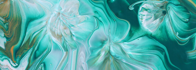 art photography of abstract marbleized effect background with white, green and gold creative...