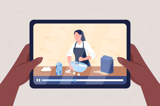 Cooking tutorial online flat color vector illustration. Preparing food and baking on streaming video. E learning for hobby. Teaching chef 2D cartoon character on tablet display background