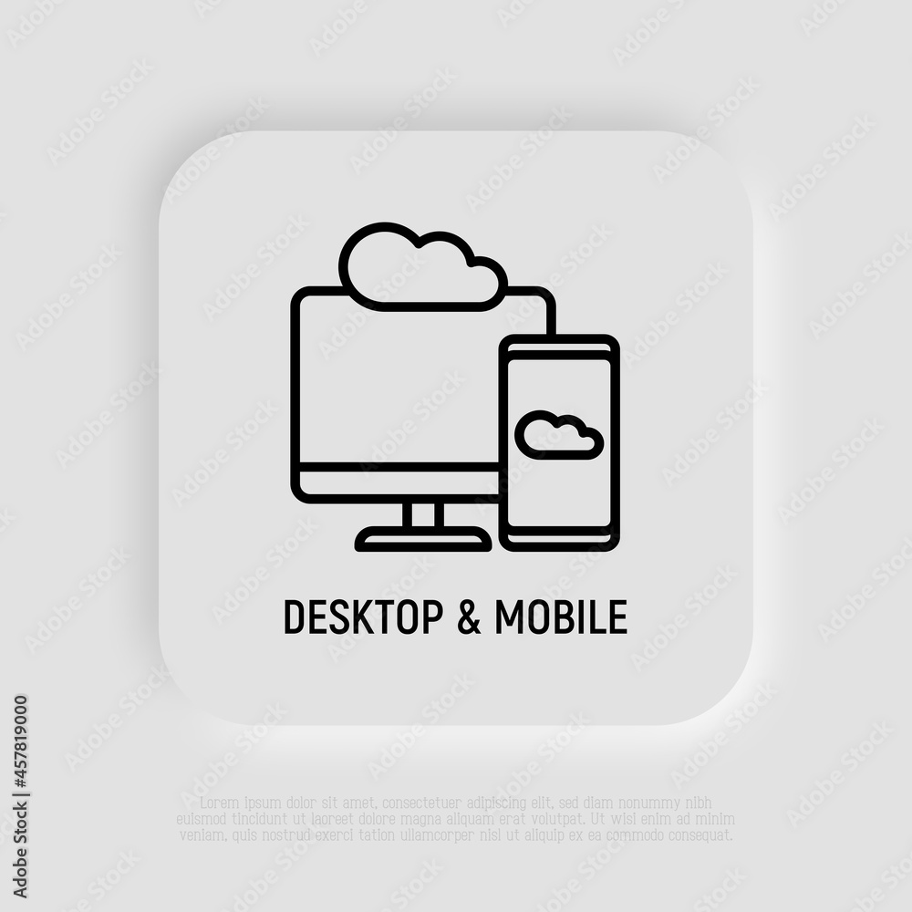 Poster cloud computing thin line icon, smartphone sync with desktop. modern vector illustration.