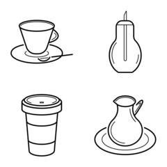 Vector illustration icon coffee set, isolated black dishes. Serving drinks icon.Sugar bowl, serving cream. ?offee house,black-white,coffee to go.
