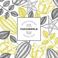Hand drawn sketch style carambola banner. Organic fresh fruit vector illustration. Retro fruit design template