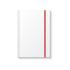 Blank white book or notebook with red elastic top view mockup template.