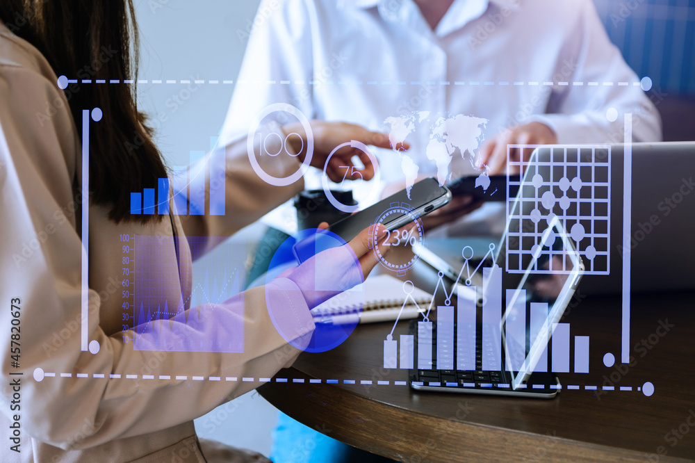 Aufkleber data management system with business analytics concept. business team hands working with provide inf
