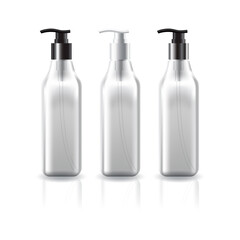 Blank clear square cosmetic bottle with black-white-silver pump head for beauty or healthy product.