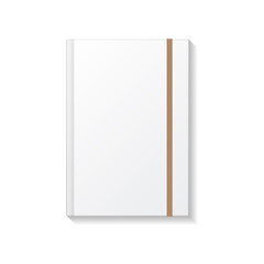 Blank white book or notebook with brown elastic top view mockup template.