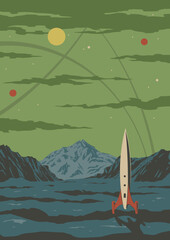 Retro Future Style Space Illustration, Space Rocket and Alien Planet Landscape  © koyash07