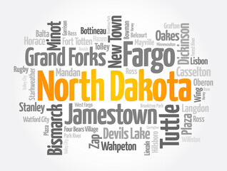 Fototapeta premium List of cities in North Dakota USA state, word cloud concept background