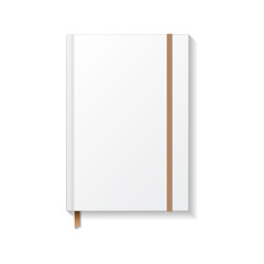 Blank white book or notebook with brown elastic and ribbon bookmark top view mockup template.