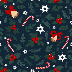 cute drawn christmas elements - fir branches, bells, lollipops, mistletoe, snowflakes, leaves. seamless pattern for wrapping paper, background, fabric. .