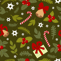 cute drawn christmas elements - fir branches, bells, candies, mistletoe, gifts, snowflakes, leaves. seamless pattern for wrapping paper, background, fabric.