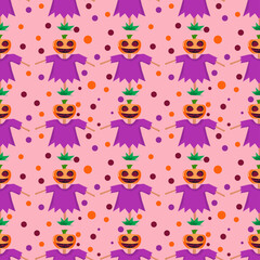 halloween background seamless pattern cartoon pumpkin ghost in scarecrow and circle pattern, gift wrap concept, candy wrapper, carnival haunting, vector illustration