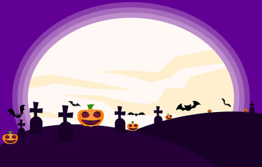 Graveyard and Ghost Pumpkin at Halloween moon Night background and bats devil spooky on Festival in autumn Ideas ,vector illustration, for wallpaper