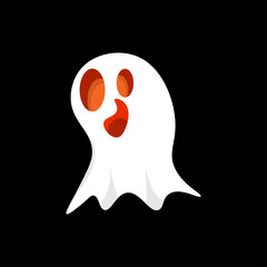 Scary pose cartoon white ghost, halloween spirit icon on black background, vector illustration.
