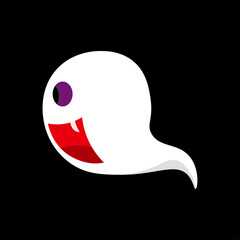 Scary pose cartoon white ghost, halloween spirit icon on black background, vector illustration.