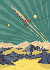 Space Rocket flies over the Surface of the Planet, Retro Future Style Space Illustration  © koyash07