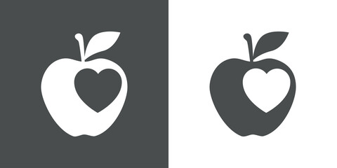 Símbolo de comida sana. Logotipo silueta de corazón dentro de manzana en fondo gris y fondo blanco