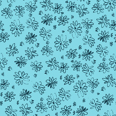 Seamless pattern with hand drawn meadow flowers in Ditzy style. Outlined illustrations on sky blue background for surface design and other design projects