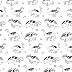 Black and white contour dinosaurs. seamless pattern