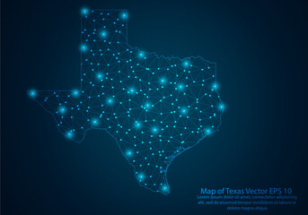 Abstract mash line and point scales on dark background with map of Texas.3D mesh polygonal network line, design sphere, dot and structure. Vector illustration eps 10.
