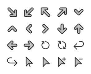 Collection of bicolor pixel-perfect linear icons:  Arrows.  Built on  base grid 32 x 32  pixels. The initial base line weight is 2 pixels.  Editable strokes
