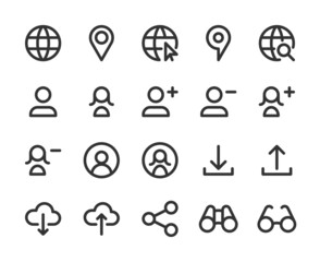 Collection of monochromatic pixel-perfect line icons: User interface. Set #6.  Built on  base grid of  32 x 32  pixels. The initial base line weight is 2 pixels. Editable strokes