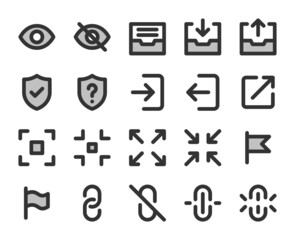 Collection of bicolor pixel-perfect line icons: User interface. Set #5.  Built on  base grid of  24 x 24 pixels. The initial base line weight is 2 pixels. Editable strokes