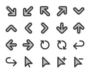 Collection of bicolor pixel-perfect linear icons:  Arrows.  Built on  base grid 24 x 24 pixels. The initial base line weight is 2 pixels.  Editable strokes
