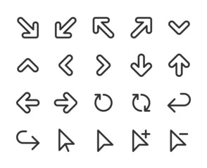 Collection of monochromatic pixel-perfect linear icons:  Arrows.  Built on  base grid 32 x 32  pixels. The initial base line weight is 2 pixels.  Editable strokes