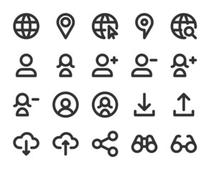 Collection of monochromatic pixel-perfect line icons: User interface. Set #6.  Built on  base grid of  24 x 24 pixels. The initial base line weight is 2 pixels. Editable strokes