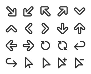 Collection of monochromatic pixel-perfect linear icons:  Arrows.  Built on  base grid 24 x 24 pixels. The initial base line weight is 2 pixels.  Editable strokes