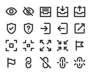 Collection of monochromatic pixel-perfect line icons: User interface. Set #5.  Built on  base grid of  24 x 24 pixels. The initial base line weight is 2 pixels. Editable strokes