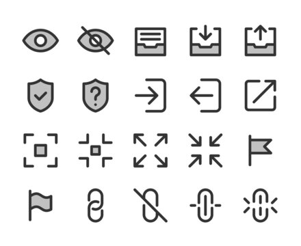 Collection of bicolor pixel-perfect line icons: User interface. Set #5.  Built on  base grid of  32 x 32  pixels. The initial base line weight is 2 pixels. Editable strokes