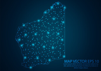 Abstract mash line and point scales on dark background with map of Western Australia.3D mesh polygonal network line, design sphere, dot and structure. Vector illustration eps 10.