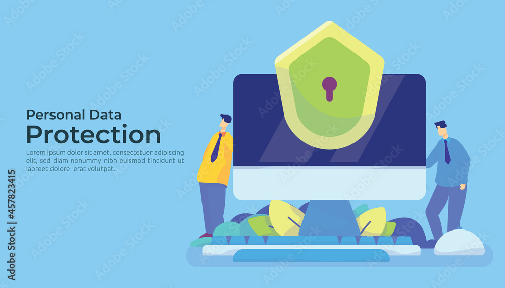 Poster personal privacy data protection and cyber security concept with characters and pc background. secur