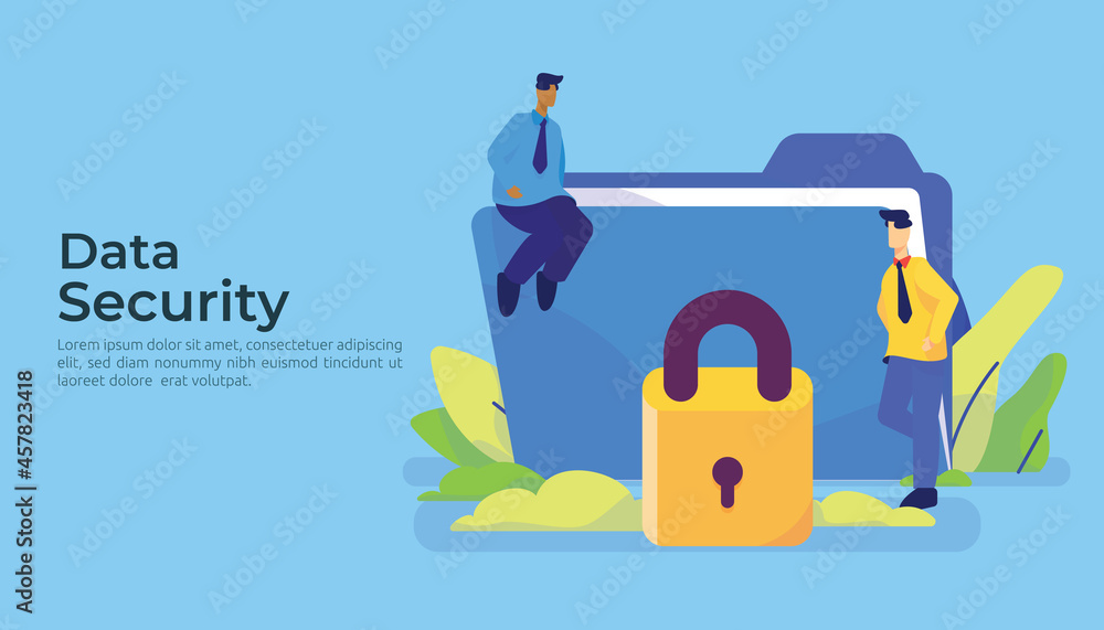Poster Personal privacy data protection and cyber security concept with characters and huge giant file folder object. Secure information management vector illustration design for landing page web hero image